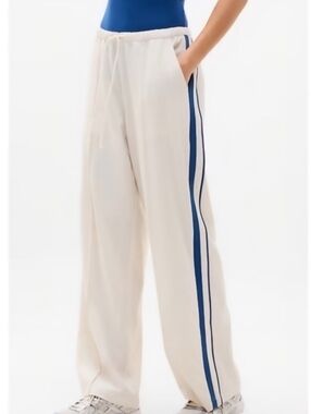 Athleta MVP Wide-Leg Track Pants with Side Stripe - Cream/ Maritime Blue SMALL